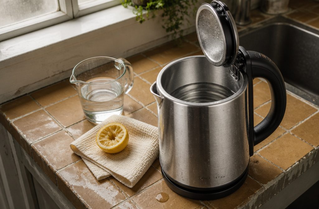 Open stainless steel kettle with white mineral crust on the bottom and inner wall