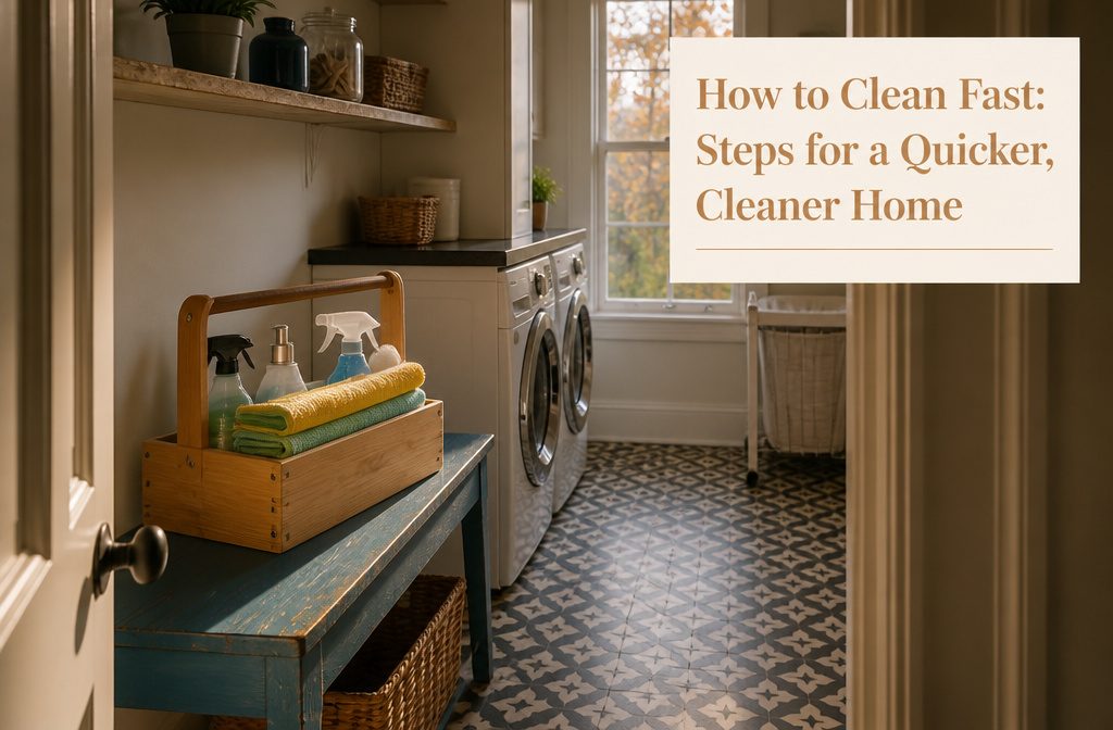 Portable cleaning caddy beside a timer and basket of household items