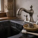 Chrome faucet above a pale sink with a curved spout and handles