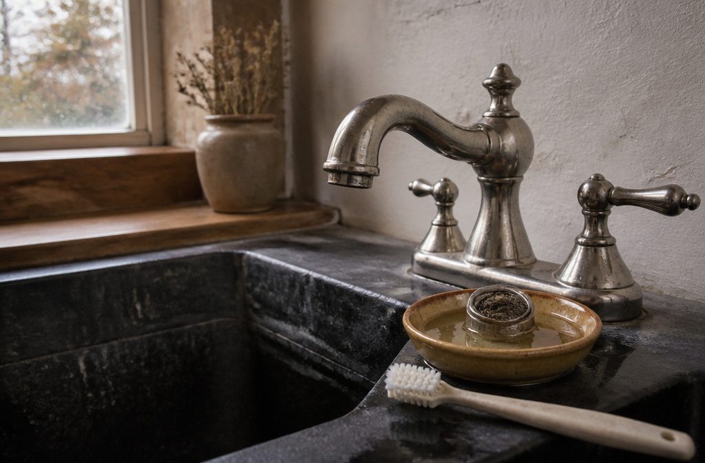 Chrome faucet above a pale sink with a curved spout and handles