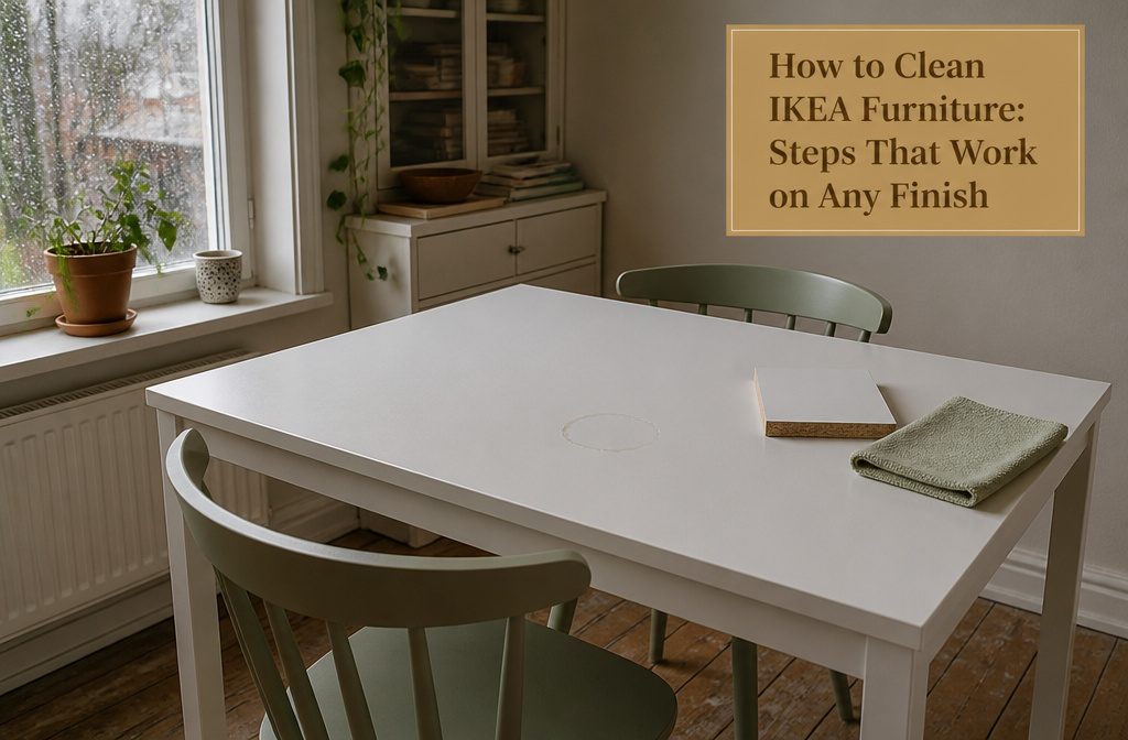 IKEA table with a damp cloth and small bowl of soapy water