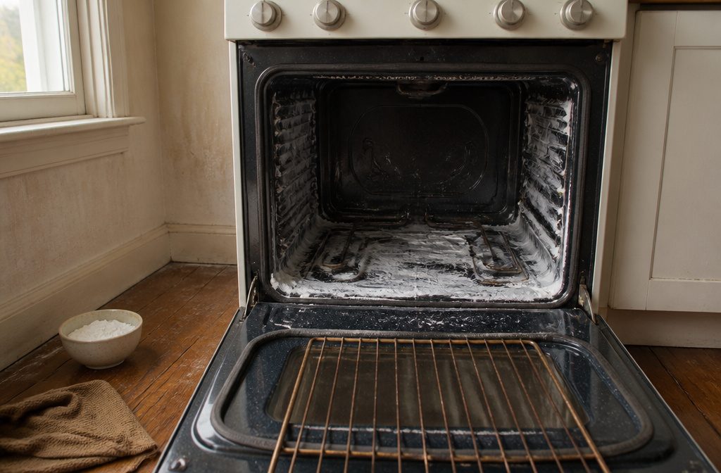Open oven interior with dark grease and baked-on residue across the enamel floor and walls