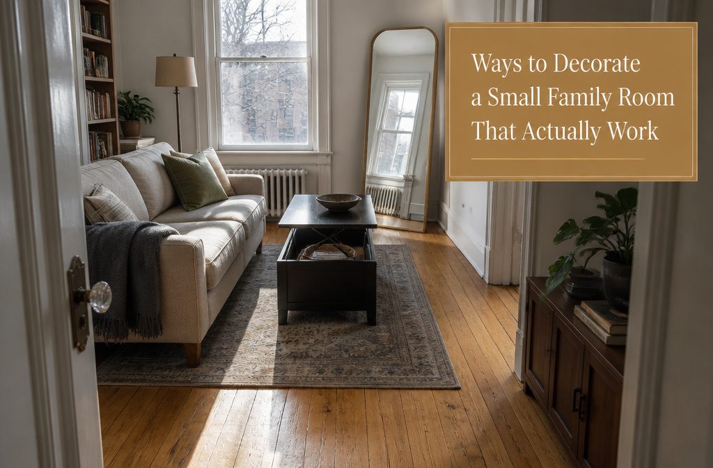 Small family room with a sofa and compact furniture arranged in a limited space