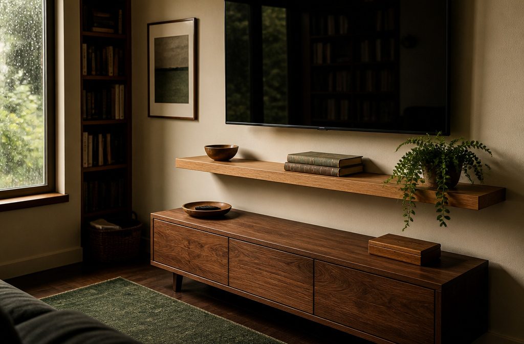 Television above a floating shelf with small decorative objects in a living room