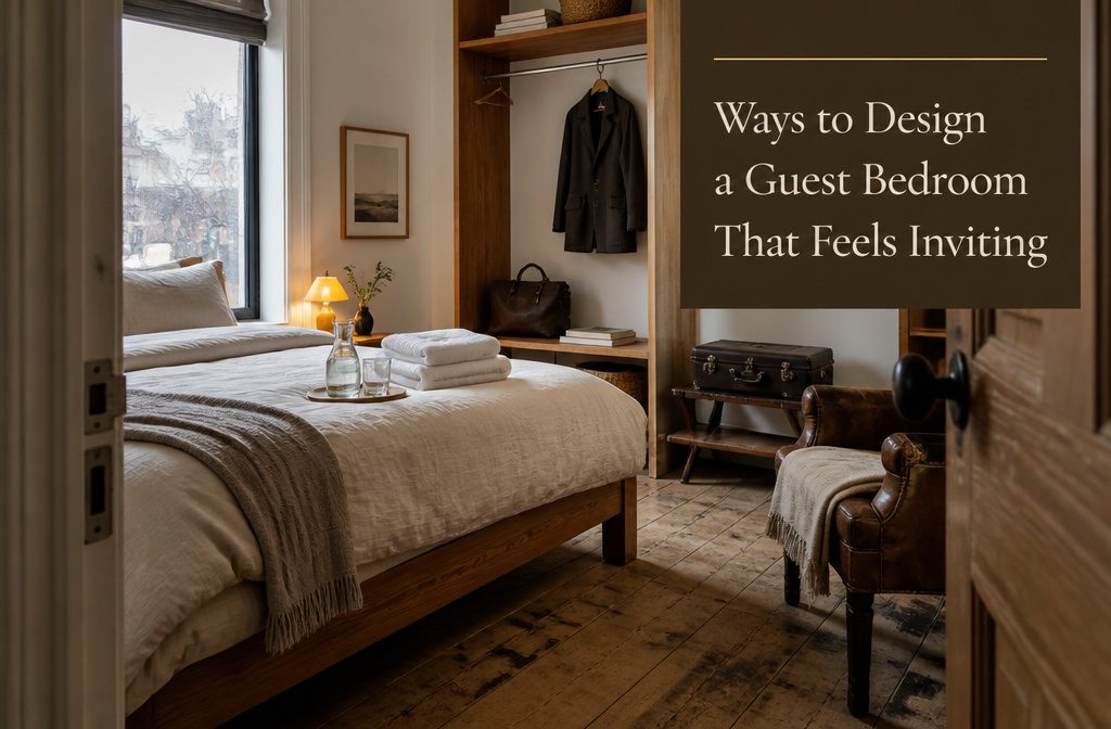 Guest bedroom with a neatly made bed, layered bedding, a bedside lamp, and a chair.