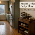 Espresso machine and mugs arranged on a wood coffee counter with shelves above