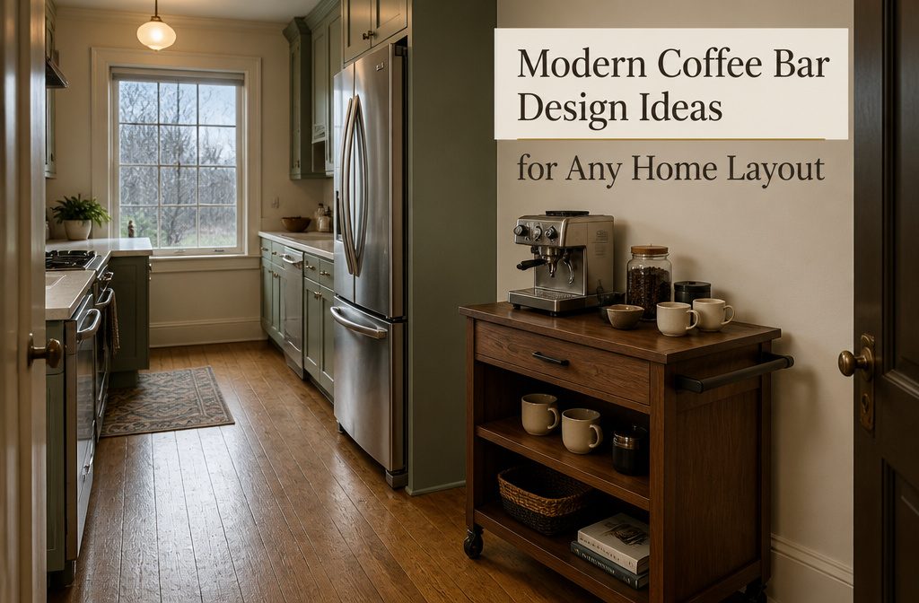 Espresso machine and mugs arranged on a wood coffee counter with shelves above