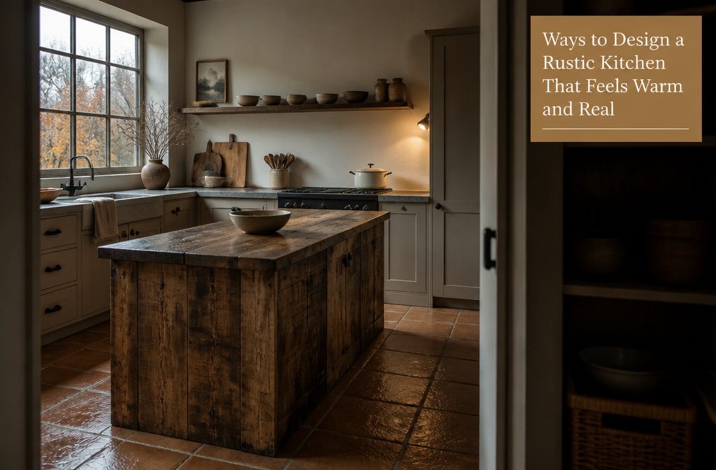 Rustic kitchen with reclaimed wood cabinetry, stone surfaces, and warm natural finishes