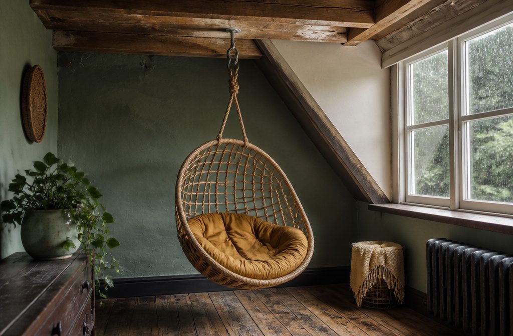 Hanging chair suspended from a ceiling mount in a home interior