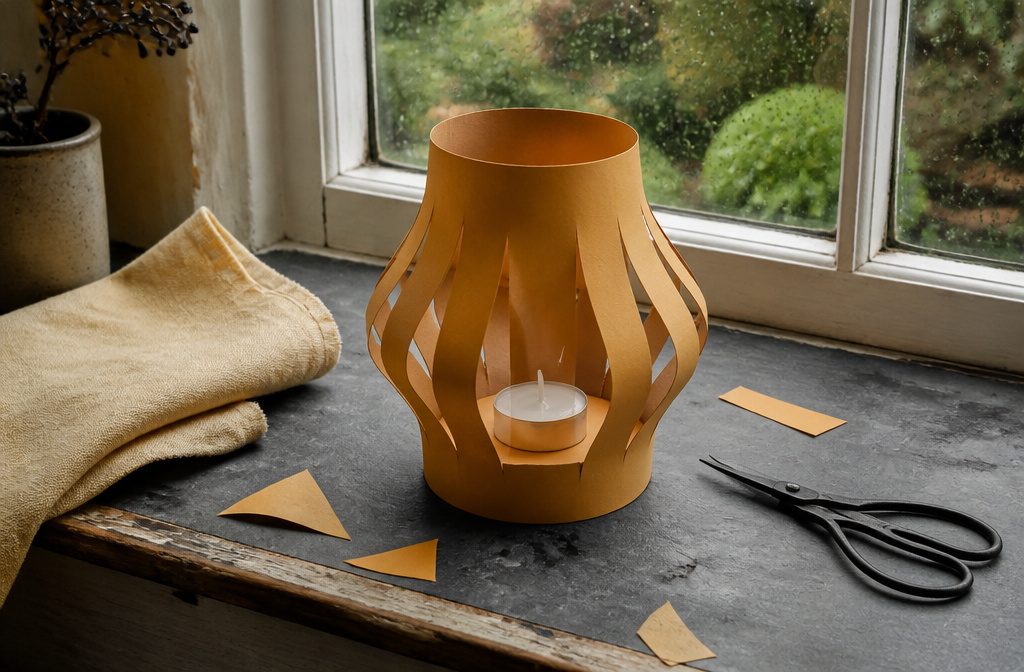 Paper lantern with a warm glow resting on a craft table