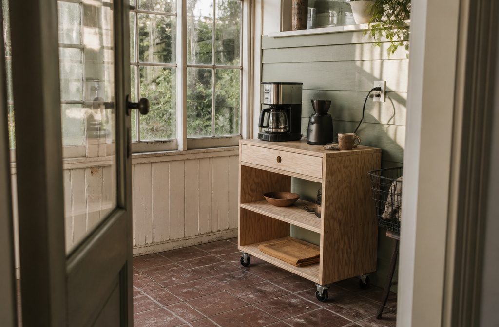 Home coffee bar with a coffee maker and mugs arranged on a kitchen counter