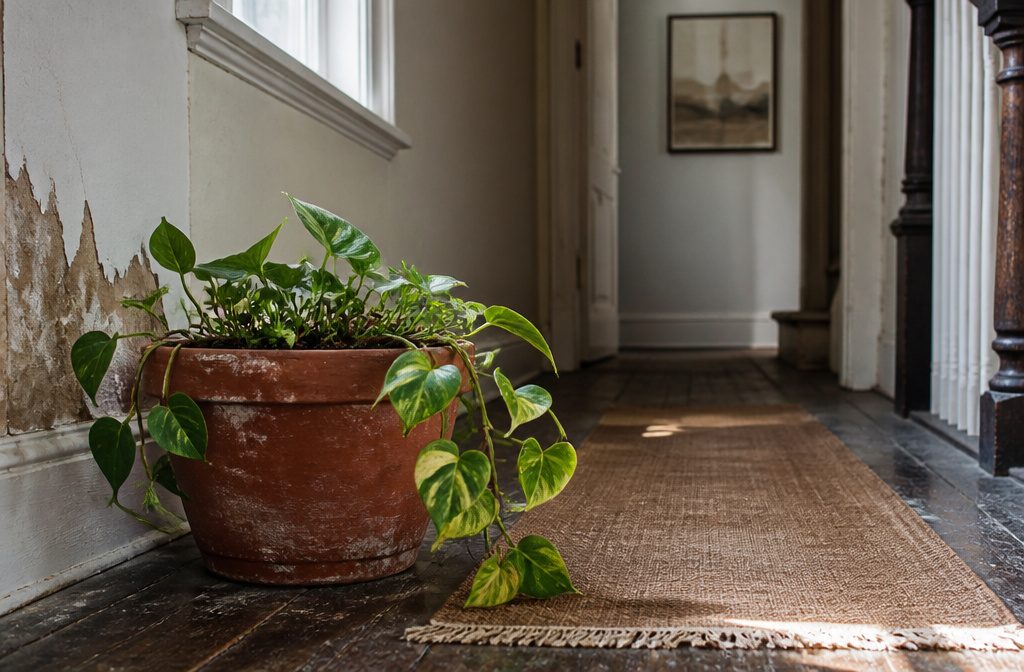 Pothos plant in a pot with long trailing vines and green leaves