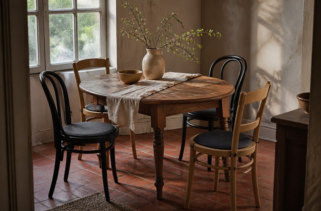 Dining chairs in different colors and styles arranged around a table