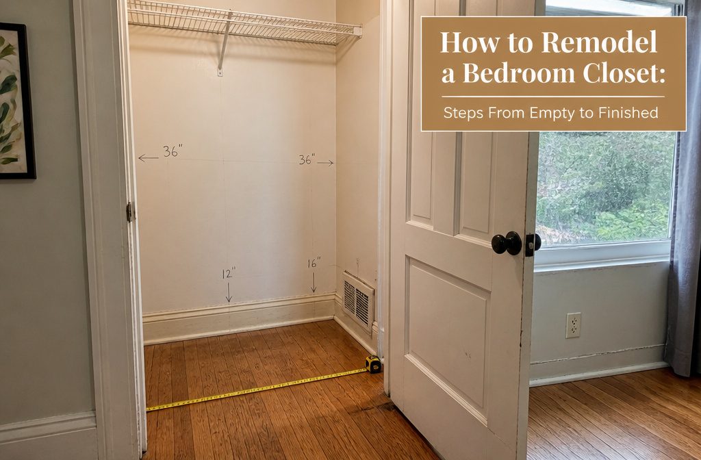 Bedroom closet with clothes and shelving arranged inside