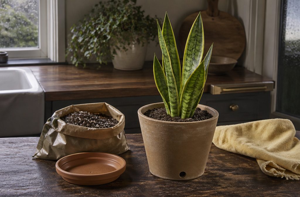 Snake plant in a clay pot with pale roots emerging through bottom drainage holes