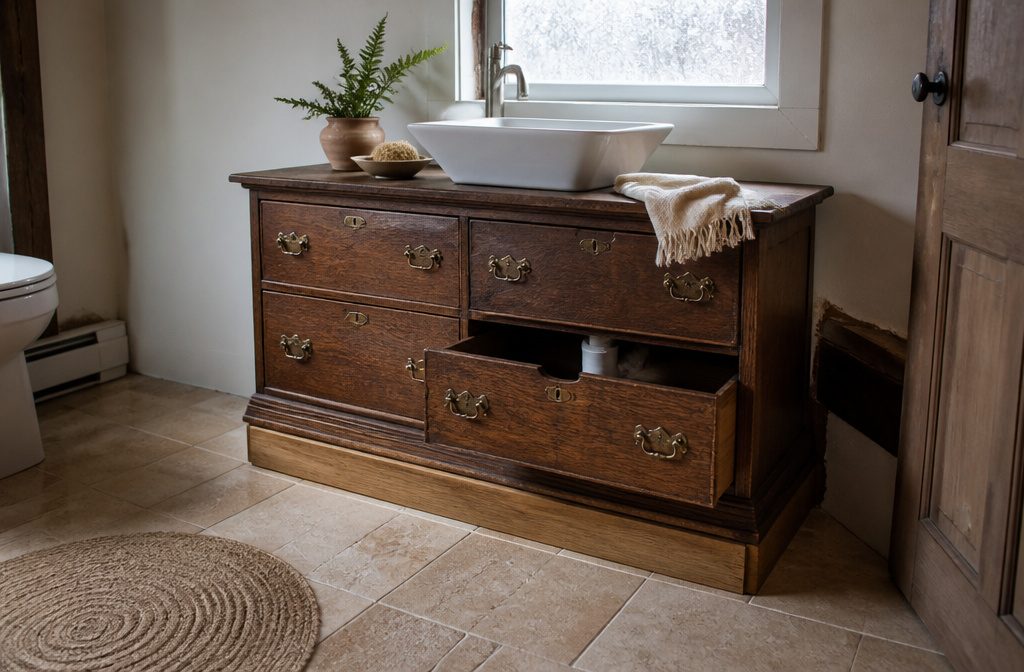 Vintage furniture adapted as a bathroom vanity with a bowl sink
