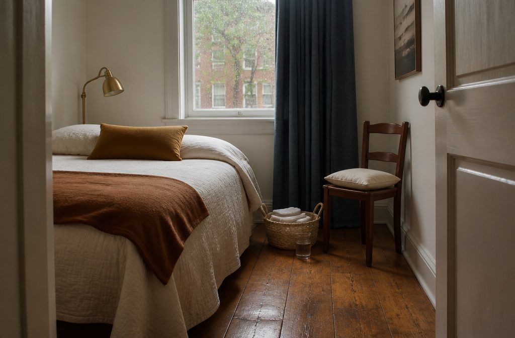 Guest bedroom with a made bed, bedside table, and open floor space