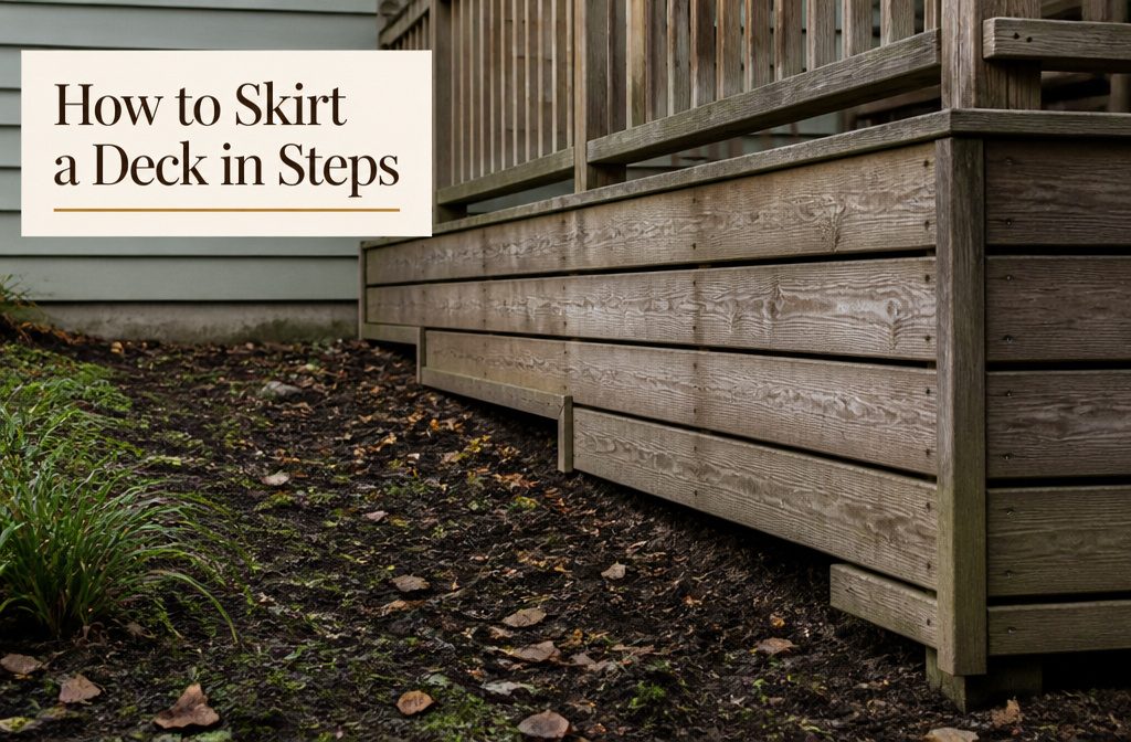 Raised wooden deck with finished skirting around the space below