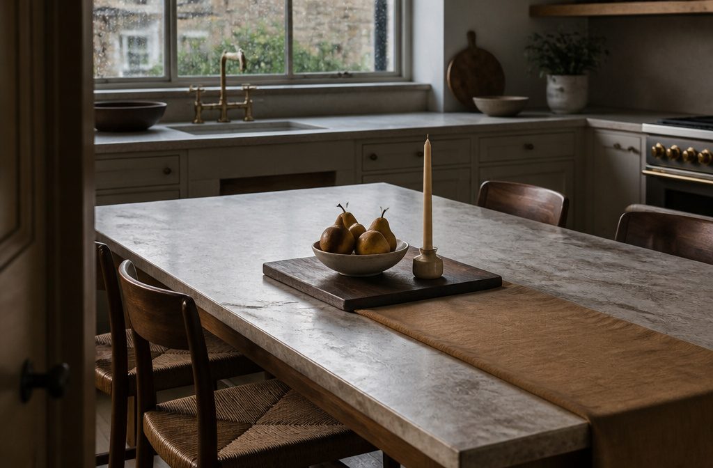 Kitchen table with a low flower arrangement, linen placemats, and open dining space