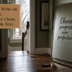 White marker lettering on a bathroom mirror beside a microfiber cloth