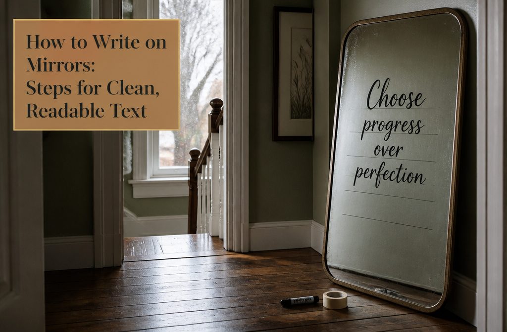 White marker lettering on a bathroom mirror beside a microfiber cloth